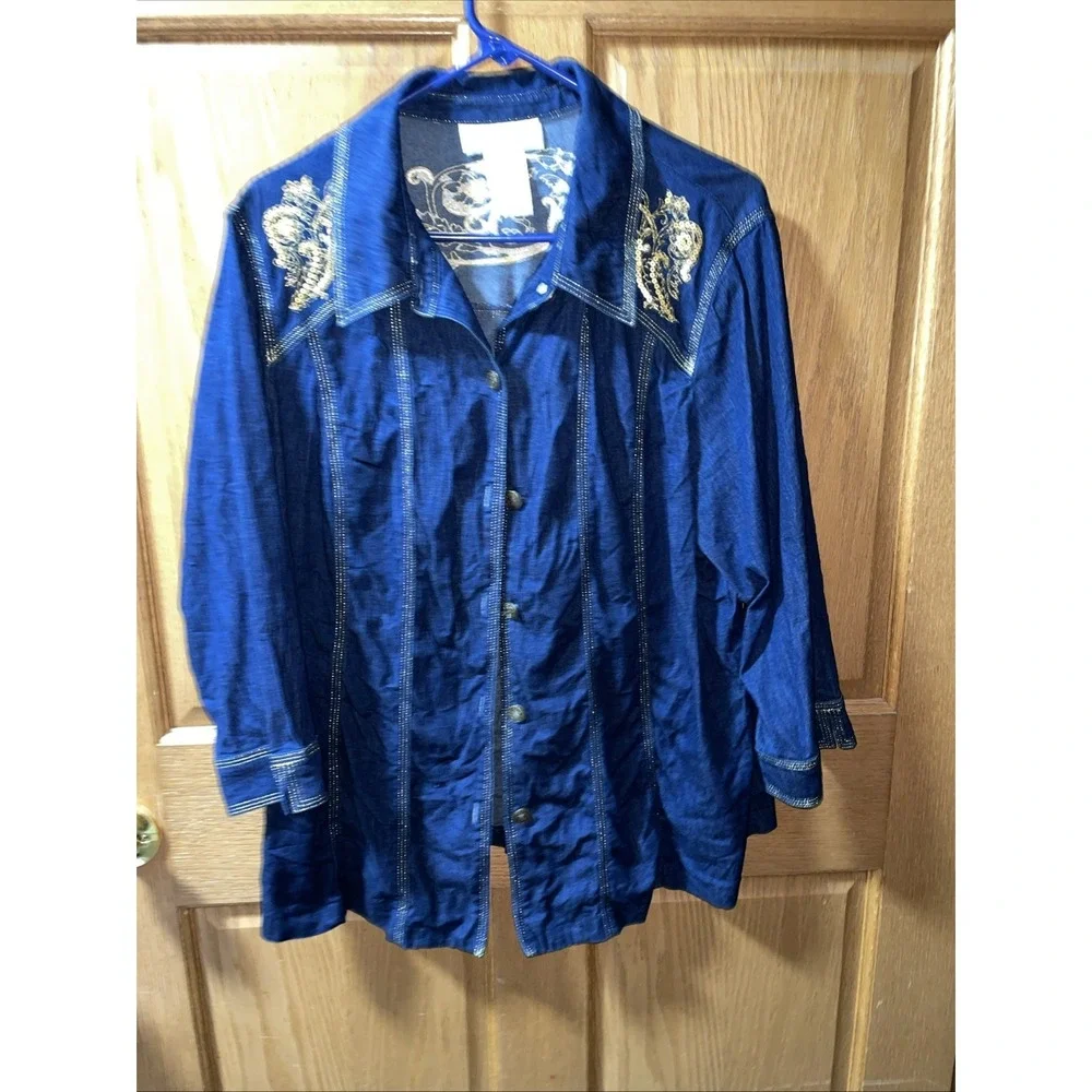 SUSAN GRAVER LIGHT WEIGHT DENIM JACKET with Gold Stitching & Sequins Size 1x